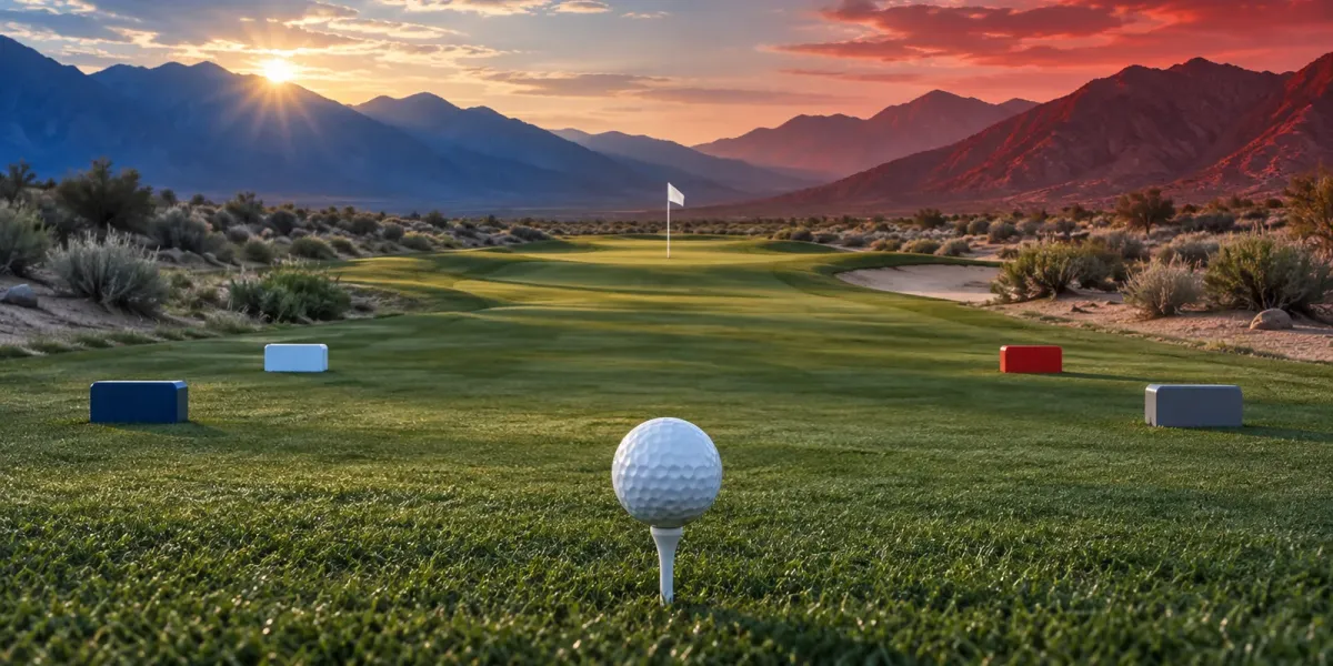 Original editorial image of an empty high-desert golf course split between BYU blue and New Mexico cherry, silver and charcoal.