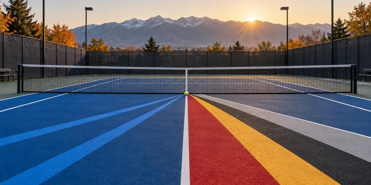 Original editorial image of one tennis ball where a BYU-blue court meets crimson, gold, charcoal and silver tournament lanes beneath Utah mountains.