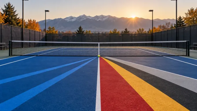 Original editorial image of one tennis ball where a BYU-blue court meets crimson, gold, charcoal and silver tournament lanes beneath Utah mountains.