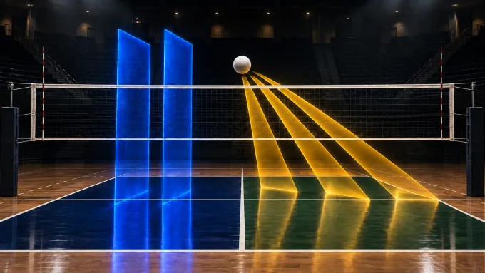 Original editorial image of an empty volleyball court split between BYU royal blue and Baylor green and gold, with two blue block planes facing three gold attack lanes.