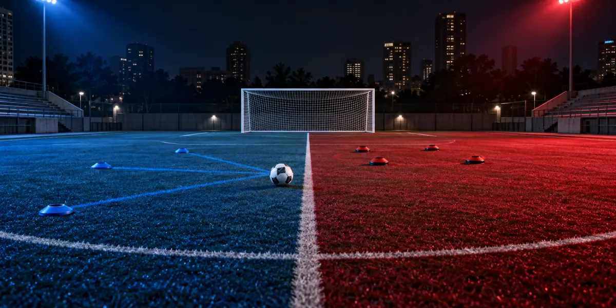 Original editorial image of one soccer ball and an empty goal on a field split between BYU blue and Cincinnati red and black.