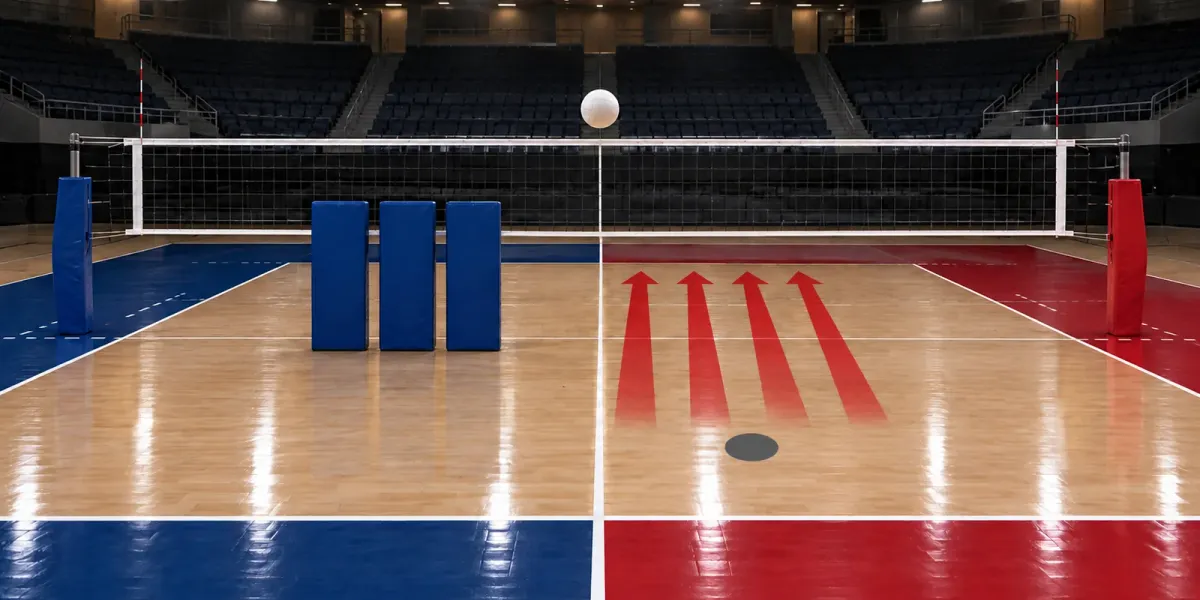 Original editorial image of an empty volleyball court split between BYU blue and Houston red, with three blue blocking pads facing four red attack paths.