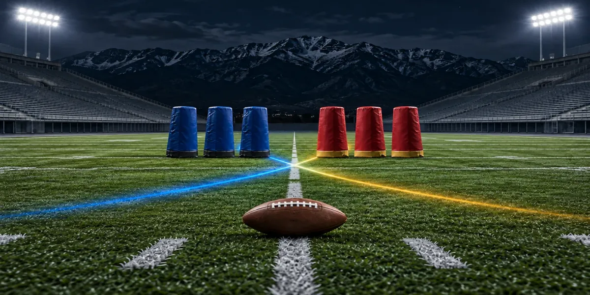 Original football art with three blue pads facing three cardinal-and-gold pads around one football and two crossing rushing lanes in an empty mountain stadium.