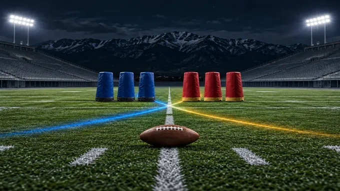 Original football art with three blue pads facing three cardinal-and-gold pads around one football and two crossing rushing lanes in an empty mountain stadium.