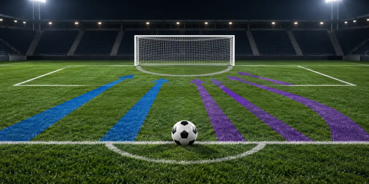 Original editorial image of one soccer ball before an empty goal, with two BYU-blue pressure lanes facing four Kansas State-purple shot paths.
