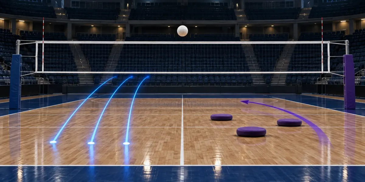 Original editorial image of an empty volleyball court split between BYU blue and Kansas State purple, with three blue serve paths facing three purple reception pads.
