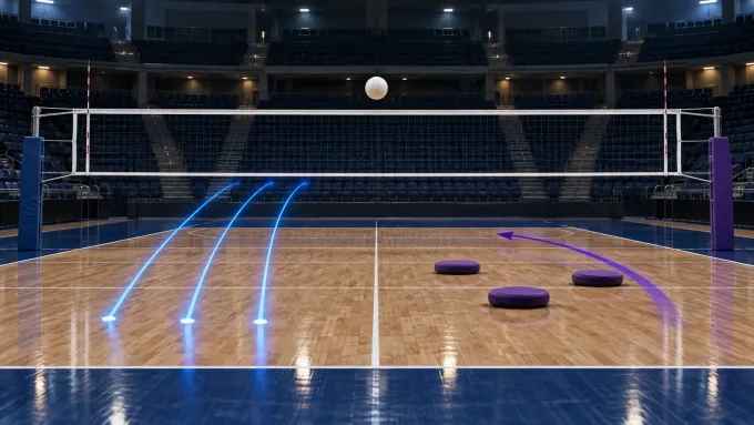 Original editorial image of an empty volleyball court split between BYU blue and Kansas State purple, with three blue serve paths facing three purple reception pads.