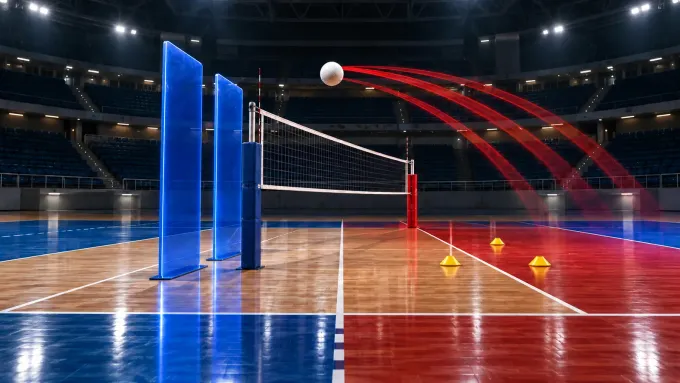Original editorial image of an empty volleyball court split between BYU blue and Kansas crimson, with two blue blocking planes facing three red attack paths.