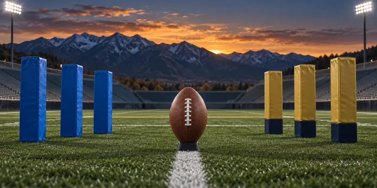 Original split-palette football art with blue and gold field pads facing one football in an empty mountain stadium at sunset.