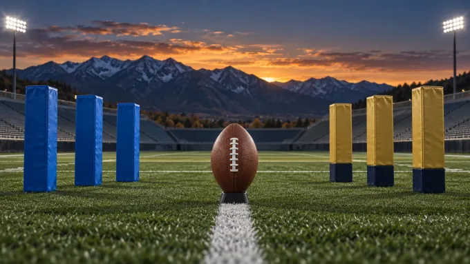 Original split-palette football art with blue and gold field pads facing one football in an empty mountain stadium at sunset.