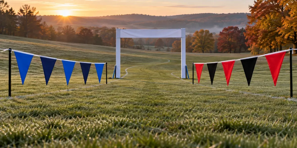 Original editorial image of an empty cross-country course with five BYU-blue pennants facing five NC State-red and black pennants across a finish gate.