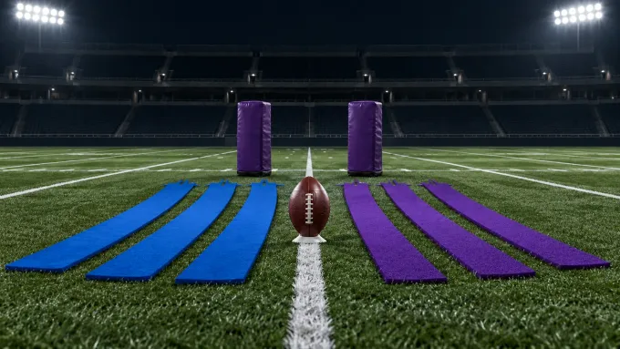 Original editorial illustration of three BYU-blue rushing lanes opposite three TCU-purple passing lanes and two purple pads around one football on an empty field.