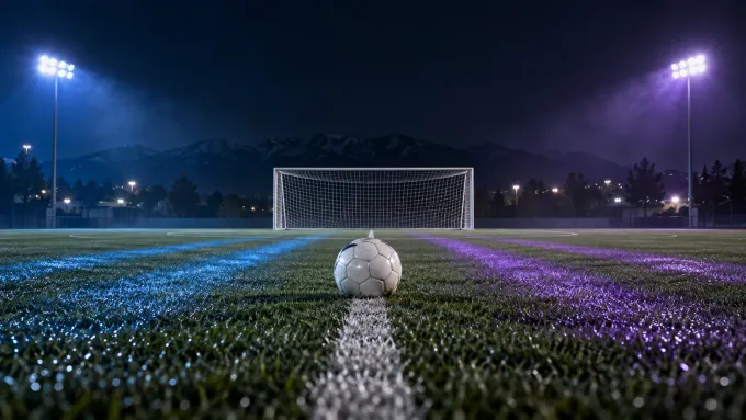 Original editorial image of one soccer ball before an empty goal on a night field split between BYU blue and TCU purple.