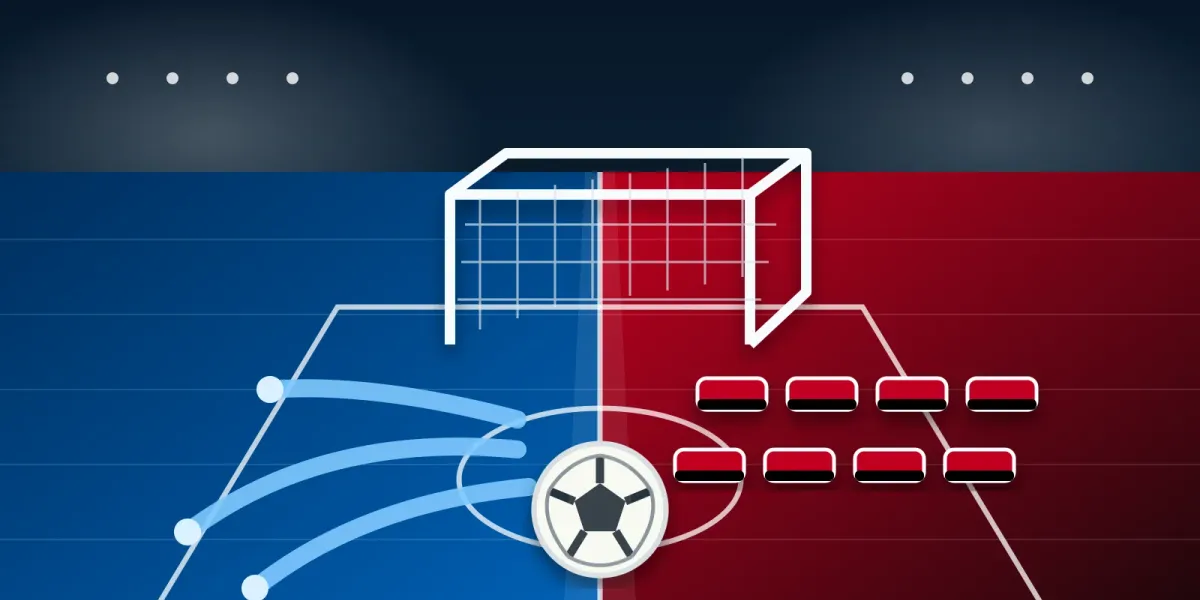 Original editorial graphic of a soccer ball and goal on a pitch split between BYU blue and Texas Tech scarlet and black.