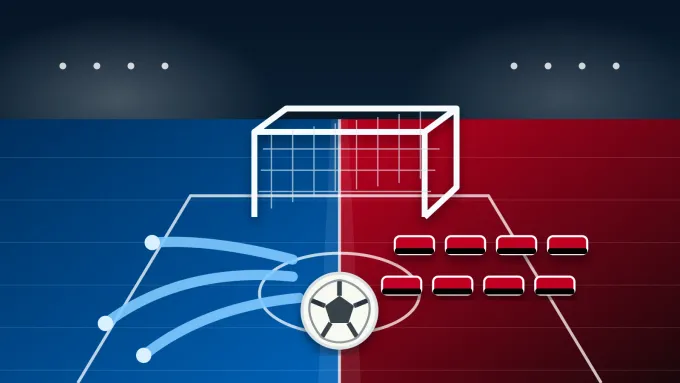 Original editorial graphic of a soccer ball and goal on a pitch split between BYU blue and Texas Tech scarlet and black.