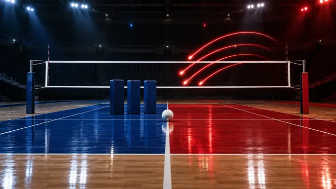 Original editorial image of an empty volleyball court split between BYU blue and Utah red, with three blue blocking pads facing four red service trails.