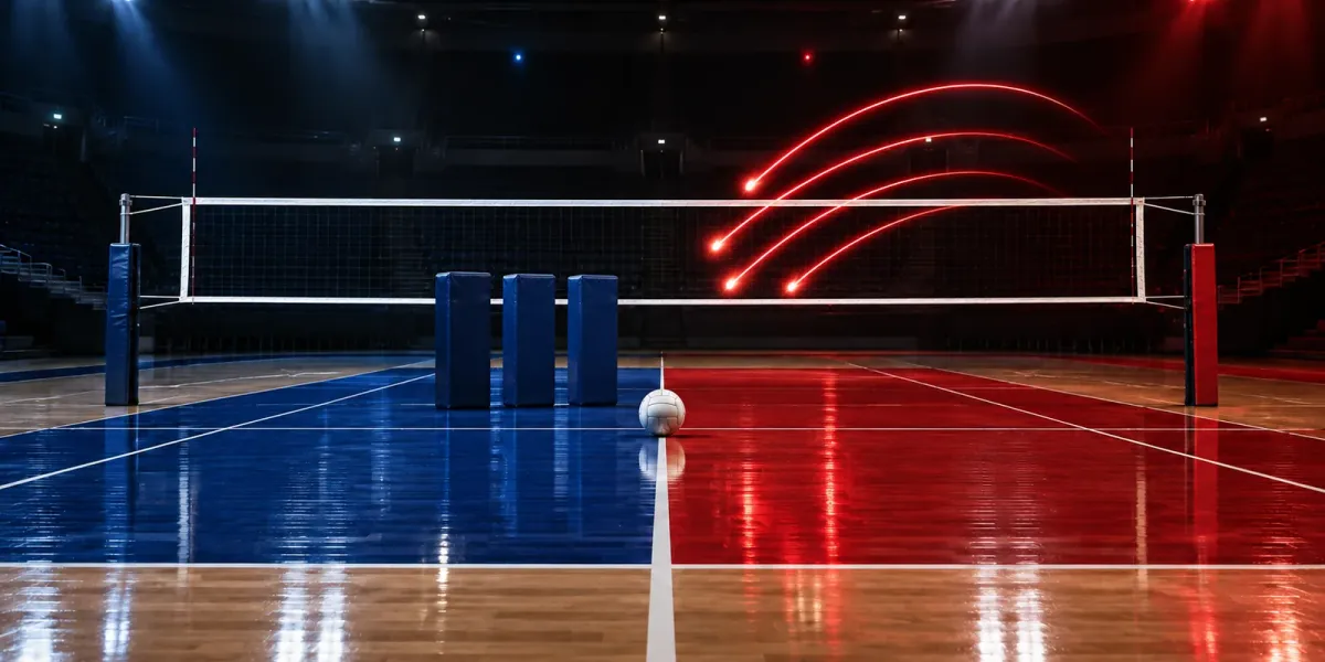 Original editorial image of an empty volleyball court split between BYU blue and Utah red, with three blue blocking pads facing four red service trails.