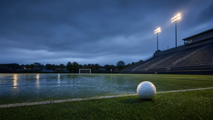 Original editorial illustration of a soccer ball on a rain-soaked field in an empty stadium at dusk.