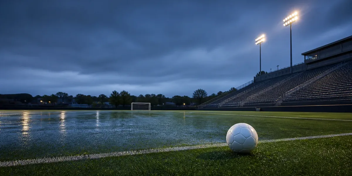 Original editorial illustration of a soccer ball on a rain-soaked field in an empty stadium at dusk.