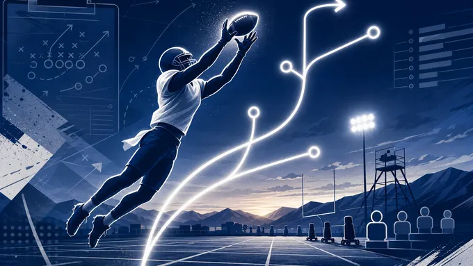 Abstract navy football practice field with route-tree lines and an anonymous receiver silhouette, created for BYU Sport Nuts.