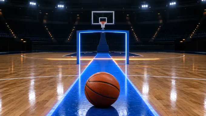 Original editorial image of one basketball on a blue court path passing through an open gate toward an amber checkpoint and empty hoop.