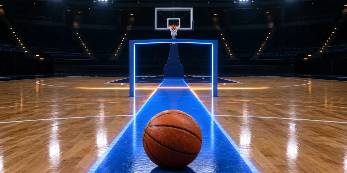 Original editorial image of one basketball on a blue court path passing through an open gate toward an amber checkpoint and empty hoop.