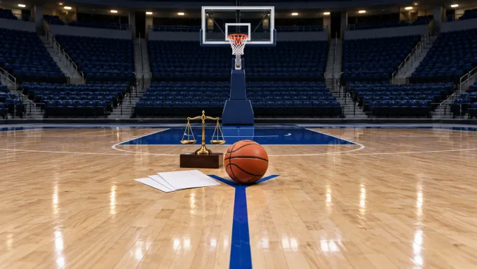 Original editorial illustration of a basketball, three blank court papers and a balance scale on an empty blue basketball court.