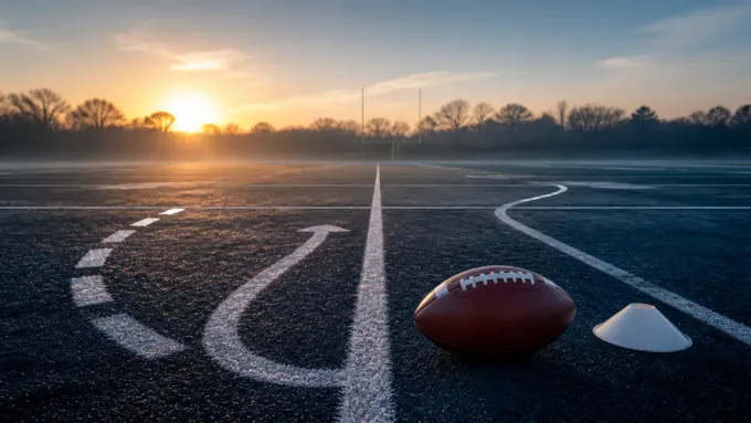 Empty football practice field at sunrise with an unbranded football, practice cone and three original route lines.