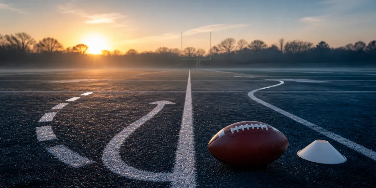 Empty football practice field at sunrise with an unbranded football, practice cone and three original route lines.