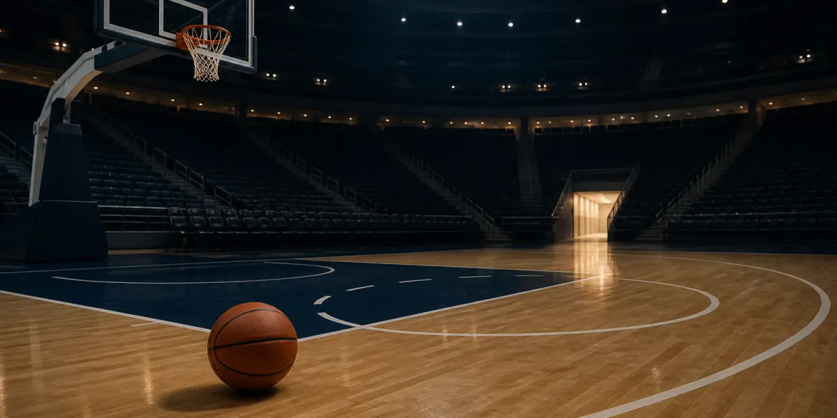Original editorial illustration of one basketball on an empty arena court beside an open tunnel.