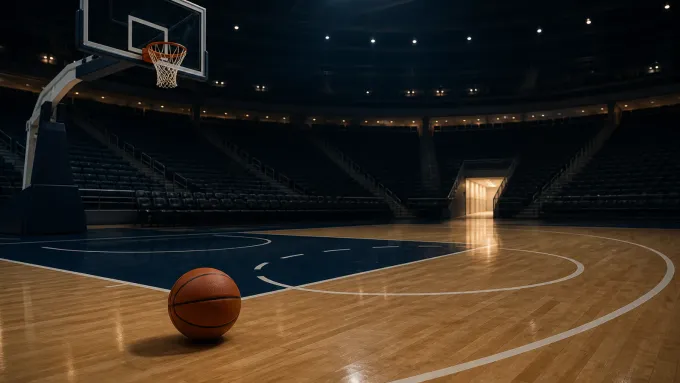Original editorial illustration of one basketball on an empty arena court beside an open tunnel.