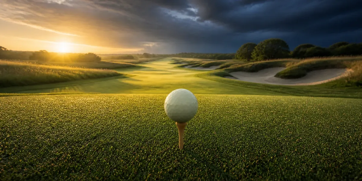 Original editorial golf art with one ball on a tee facing a fairway split between sunrise and storm clouds.