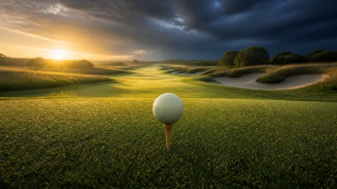 Original editorial golf art with one ball on a tee facing a fairway split between sunrise and storm clouds.
