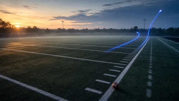 Empty football practice field at dawn with two original blue route lines illustrating vertical receiver spacing.