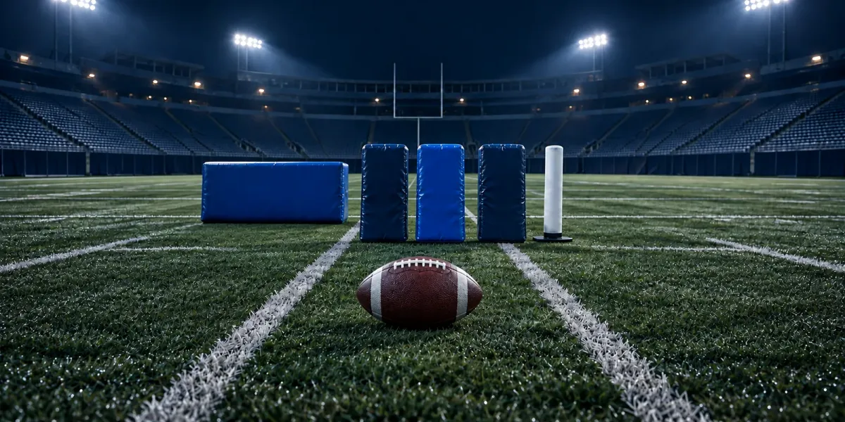 Original football art with one large blue pad withdrawn behind three smaller blue pads, a white read marker and a football in an empty stadium.