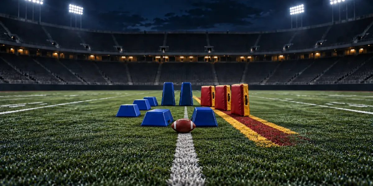 Original editorial football art with seven blue depth markers facing three cardinal-and-gold blocking pads on an empty field.