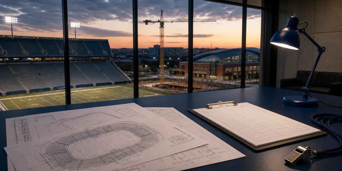 Original editorial illustration of a generic athletics operations desk with stadium blueprints, a blank clipboard and a whistle overlooking empty facilities.