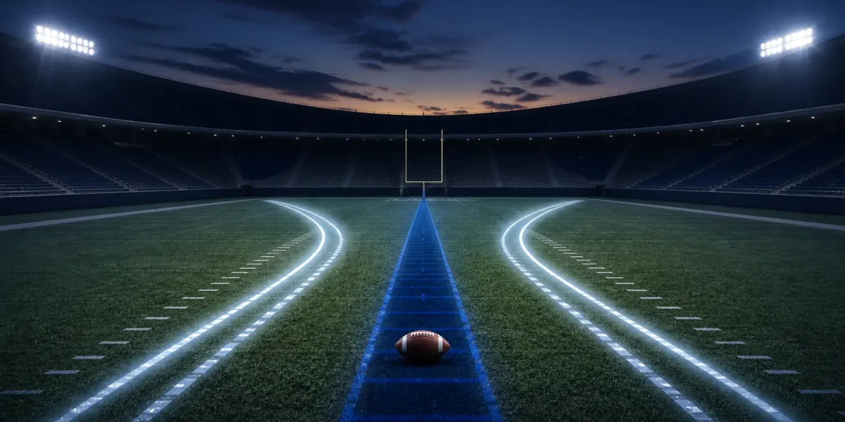 Original editorial illustration of an empty football field with three illuminated pass-rush lanes.