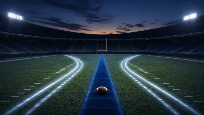 Original editorial illustration of an empty football field with three illuminated pass-rush lanes.