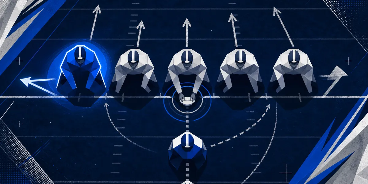 Abstract navy and royal football line of scrimmage with a highlighted left tackle and center snap point, created for BYU Sport Nuts.
