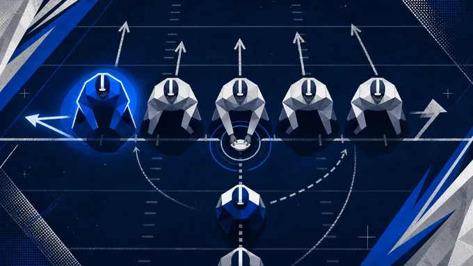 Abstract navy and royal football line of scrimmage with a highlighted left tackle and center snap point, created for BYU Sport Nuts.