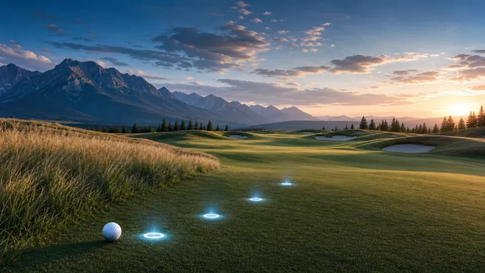 Original editorial golf art showing a ball and four blue progress markers on a mountain course at sunrise.