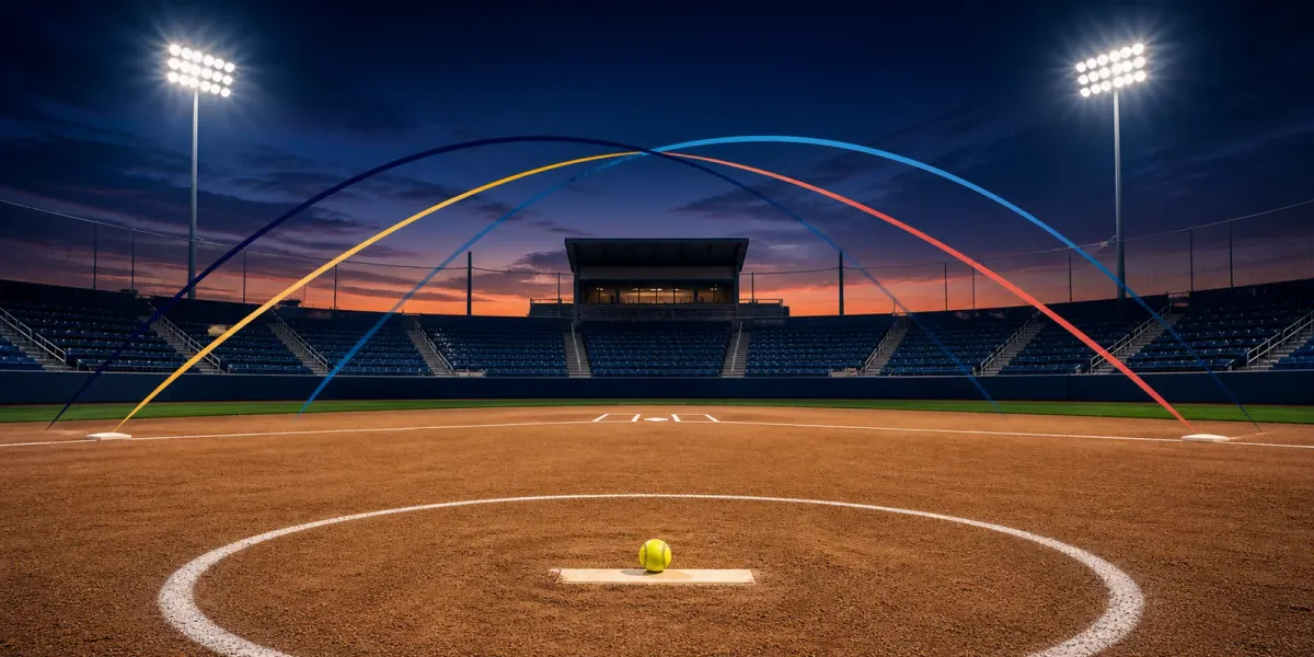 Original editorial art of an empty softball stadium at dusk with a ball on the pitching rubber and four colored trajectory arcs.